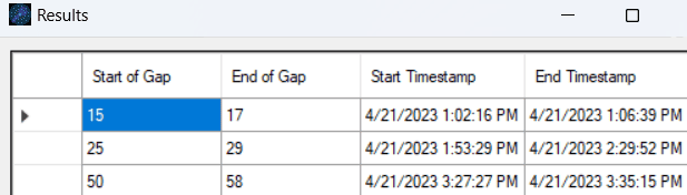 Image of the results page of the PK Gap Finder Software. It shows the beggining and end of gaps within the database along with timestamps. 