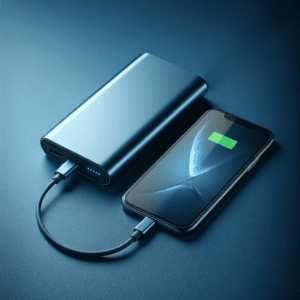A powerbank connected to a cell phone. 